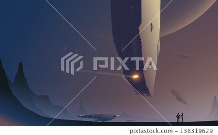 Massive mothership deploying smaller exploration crafts on alien planet (Vector). Massive mothership deploying smaller exploration crafts on alien planet (Vector). 138319629