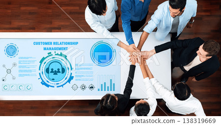 Collaborative Teamwork in Customer Relationship Management Discussion with Hands Together and Digital Interface Background for Business Strategy Trope 138319669