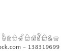 A hand-drawn decorative line drawing of houses with windows and chimneys lined up in a row. 138319699