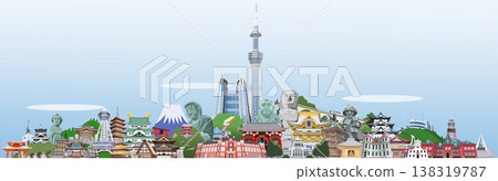 Collection of illustrations of Japanese tourist destinations, horizontal format, blue sky. Collection of illustrations of Japanese tourist destinations, horizontal format, blue sky. 138319787