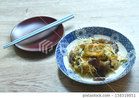 fried bean sprout with slice yellow tofu and black ear mushroom Chinese vegetarian food on plate fried bean sprout with slice yellow tofu and black ear mushroom Chinese vegetarian food on plate 138319851