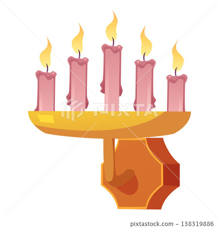 Vintage wall candles holder and golden candelabrums flat vector, church religion ceremony burning candles on candlestick 138319886