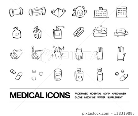 A set of medical and health icons including masks, hospitals, soap, and medicine. A set of medical and health icons including masks, hospitals, soap, and medicine. 138319893