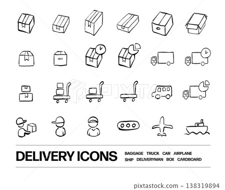 Delivery-related icons such as cardboard boxes and trucks. Delivery-related icons such as cardboard boxes and trucks. 138319894