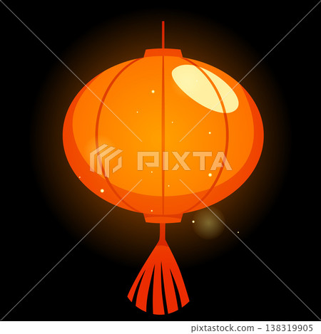 Hanging round red paper lantern with tassel glowing on dark background, vector Asian lamp, oriental decoration light Hanging round red paper lantern with tassel glowing on dark background, vector Asian lamp, oriental decoration light 138319905