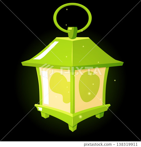 Vintage magic lantern with sparkles glowing on dark background, fairytale antique hanging candle holder green cube shape 138319911