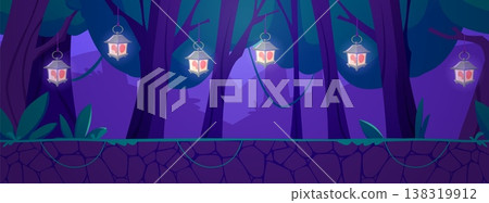 Magic forest with vintage lanterns, cartoon vector fantastic nature night with fairytale hanging enchanted lamps light 138319912