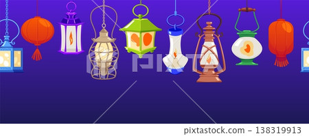 Fairytale antique hanging lanterns on blue background, vector cartoon vintage magic wizard lamps with burning candle 138319913