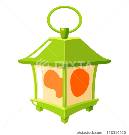 Vintage magic lantern flat vector, fairytale antique hanging candle holder green cube shape with handle, wizard lamp Vintage magic lantern flat vector, fairytale antique hanging candle holder green cube shape with handle, wizard lamp 138319920
