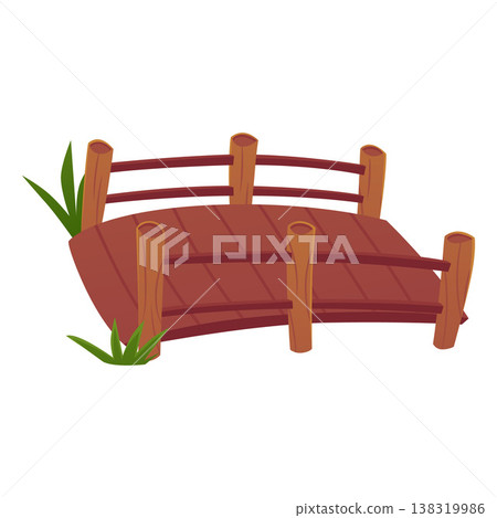 A brown wooden bridge made of planks with railings and green grass. A brown wooden bridge made of planks with railings and green grass. 138319986