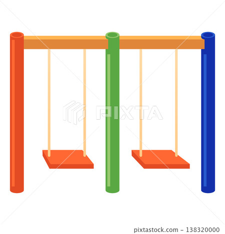 Children's playground swing. Empty colorful swing for kids recreation in the park, vector cartoon baby fun facility Children's playground swing. Empty colorful swing for kids recreation in the park, vector cartoon baby fun facility 138320000