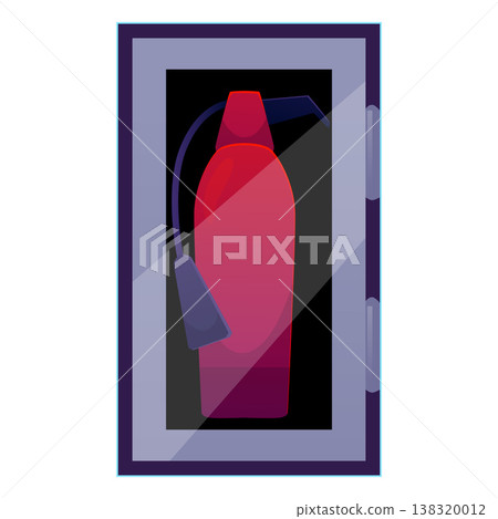 Red fire extinguisher with nozzle in wall box behind the glass door flat vector icon, emergency tool ignition prevention 138320012