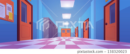 School corridor vector flat illustration, cartoon hallway interior with lockers, classroom doors and information board School corridor vector flat illustration, cartoon hallway interior with lockers, classroom doors and information board 138320023