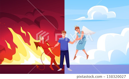 Confused man devil and angel pulling hands in different directions, fire flame or blue sky, right or wrong vector flat 138320027