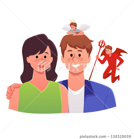 Couple relationships, cartoon man with conflicting shoulder angel and devil, vector flat right or wrong ethical decision Couple relationships, cartoon man with conflicting shoulder angel and devil, vector flat right or wrong ethical decision 138320039