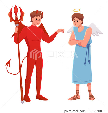 Cute devil and angel characters, conflict between good and evil. Cute devil and angel characters, conflict between good and evil. 138320056