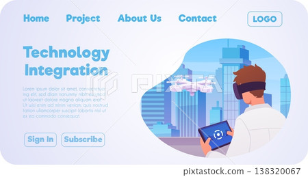 Technology integration landing page vector flat design, man drone operator using UAV quadcopter joystick on cityscape Technology integration landing page vector flat design, man drone operator using UAV quadcopter joystick on cityscape 138320067