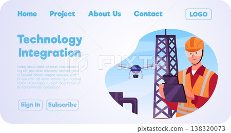 Technology integration vector flat landing page, UAV engineer drone operator using remote control on manufacture factory Technology integration vector flat landing page, UAV engineer drone operator using remote control on manufacture factory 138320073