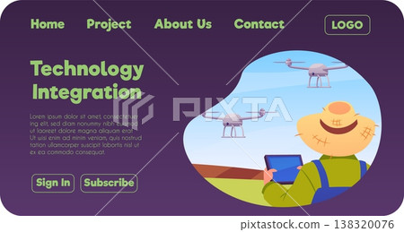 Technology integration landing page, vector flat farmer operating UAV on farm, unmanned aerial vehicle in agriculture 138320076