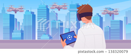 Man operating with quadcopter joystick on cityscape, drone operator using UAV unmanned aerial vehicle flat vector Man operating with quadcopter joystick on cityscape, drone operator using UAV unmanned aerial vehicle flat vector 138320079