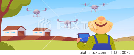 Farmer operating UAV remote control on farm, unmanned aerial vehicle technology in agriculture and farming flat vector 138320082