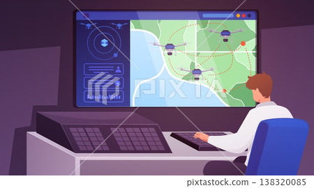 A room with a map and drones on a monitor, a desk, and a person at the controls. UAV. 138320085