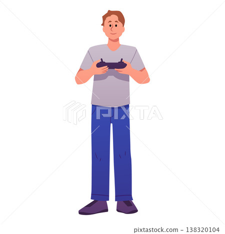 Man operating joystick quadcopter, vector drone operator using UAV remote control, unmanned aerial vehicle technology Man operating joystick quadcopter, vector drone operator using UAV remote control, unmanned aerial vehicle technology 138320104