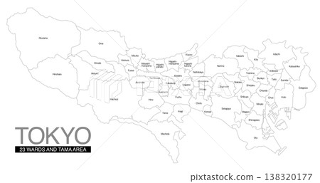 Map of Tokyo: Divided into 23 wards and Tama area, with city/ward/town/village names (English) 138320177