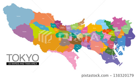 Map of Tokyo: Divided into 23 wards and Tama area, with city/ward/town/village names (English) 138320179