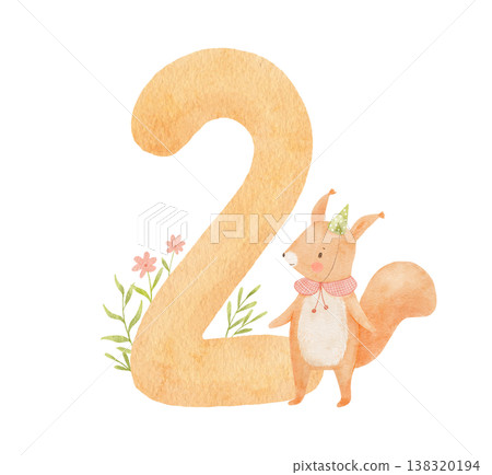 Cute squirrel with number 2 and flowers, watercolour animal illustration for second birthday celebration and greeting design 138320194