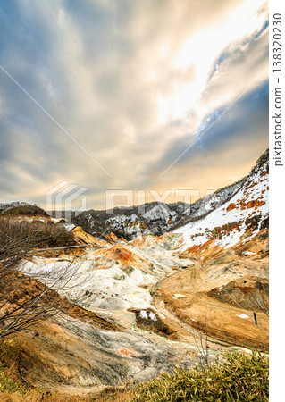 Winter in Noboribetsu Onsen's Jigokudani (Hell Valley): The colors of steam and sulfur rising from the earth. Winter in Noboribetsu Onsen's Jigokudani (Hell Valley): The colors of steam and sulfur rising from the earth. 138320230