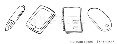 Freehand vector illustrations of a pen, smartphone, notepad, and mouse. 138320627