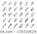 塗鴉插圖，內容包括工具、文具、餐具、注射器等。 138320629