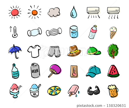 Summer-related doodles and illustrations, such as the sun and shaved ice. 138320631