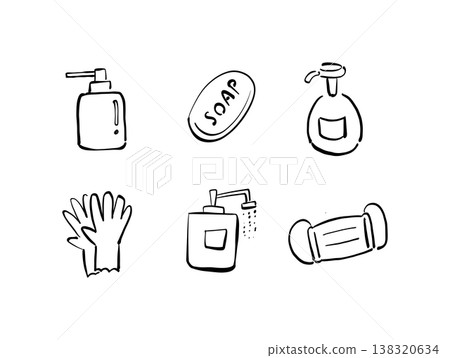 A set of hand-drawn illustrations for disinfection, hand washing, masks, etc. 138320634