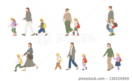 一組描繪父母和孩子去托兒所或幼兒園的插圖。 138320809