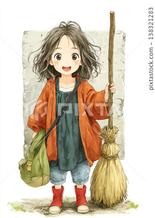 美遊系列:一位手持掃帚的可愛魔法少女插畫。 美遊系列:一位手持掃帚的可愛魔法少女插畫。 138321283