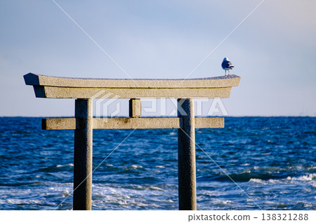A torii gate and a small bird floating on the sea A torii gate and a small bird floating on the sea 138321288
