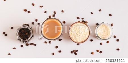 Protein coffee proffee for the morning ritual in a glass on the table top view web banner 138321621