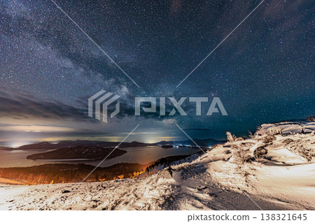 Bihoro Pass on a starry night: A winter landscape of Hokkaido with the Milky Way and a lake stretching out before you. 138321645