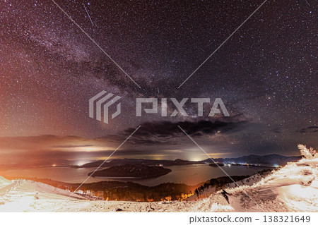 A winter landscape of Hokkaido: A fantastical view of the Milky Way and lake from Bihoro Pass. 138321649