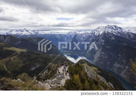 Panoramic view from Jenner mountain towards lake Konigssee, in autumn, Bavaria, Germany 138322151