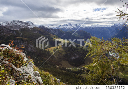 Panoramic view from Kehlstein mountain towards lake Konigssee, in autumn, Bavaria, Germany Panoramic view from Kehlstein mountain towards lake Konigssee, in autumn, Bavaria, Germany 138322152