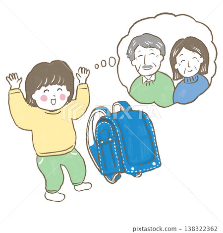 小男孩很高興地看到祖父母送給他的書包。 小男孩很高興地看到祖父母送給他的書包。 138322362