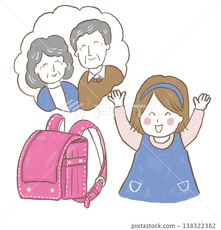 小女孩看到祖父母送給她的書包，非常高興。 138322382