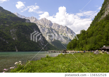 Picturesque view of lake Obersee, lake Konigssee, in the Berchtesgaden Alps, Bavaria, Germany Picturesque view of lake Obersee, lake Konigssee, in the Berchtesgaden Alps, Bavaria, Germany 138322528