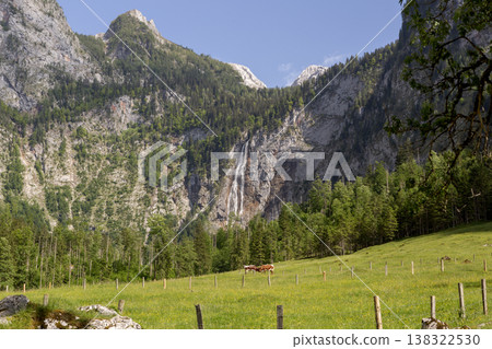 Rothbach waterfall at lake Obersee, lake Konigssee, in the Berchtesgaden Alps, Bavaria, Germany Rothbach waterfall at lake Obersee, lake Konigssee, in the Berchtesgaden Alps, Bavaria, Germany 138322530