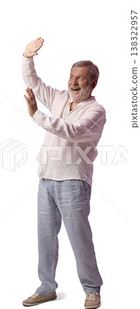 Senior man presenting empty space gesture isolated white background 138322957