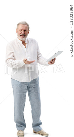 Senior man using tablet presenting device isolated on white background Senior man using tablet presenting device isolated on white background 138322964
