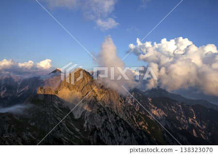 Panoramic view Freyungen mountains from Nordlinger hut on Karwendel Hohenweg, Austria Panoramic view Freyungen mountains from Nordlinger hut on Karwendel Hohenweg, Austria 138323070